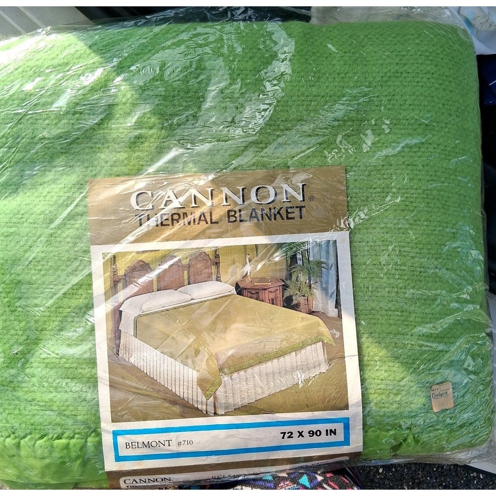 Vtg NOS 70s CANNON Dover 72X90 Green Blanket Border Grandpacore New